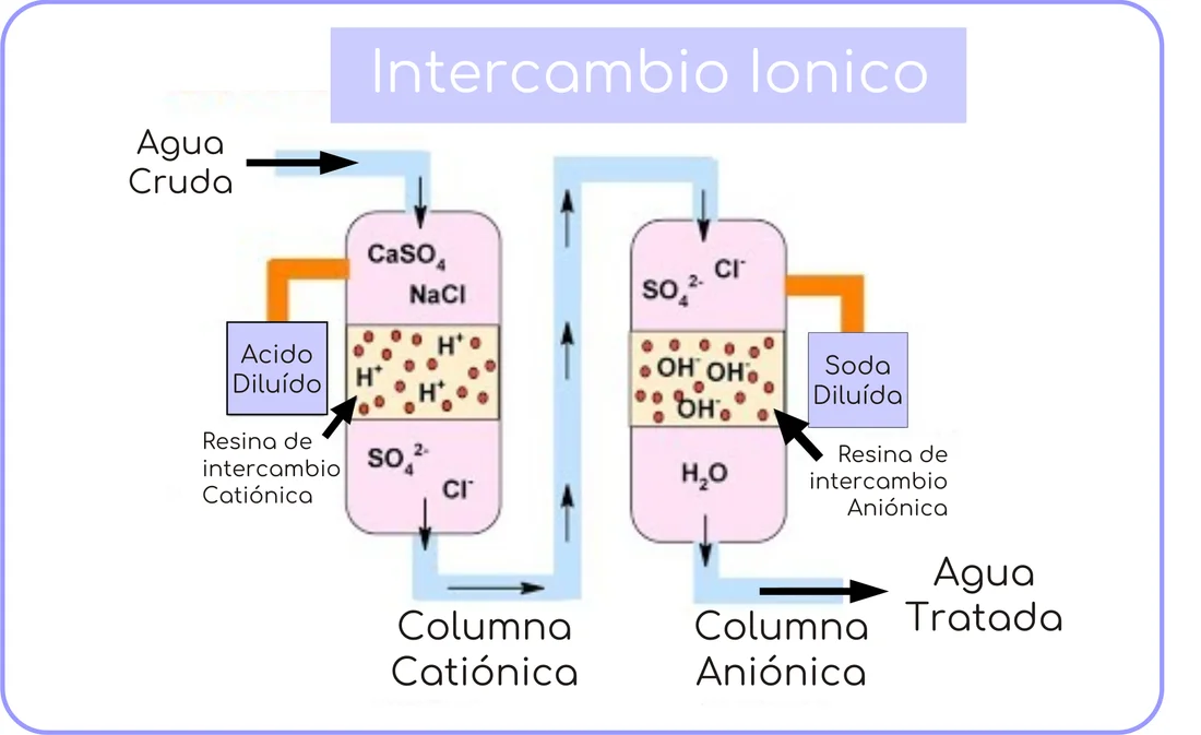 Esquema de intercambio iónico con columnas catiónica y aniónica.